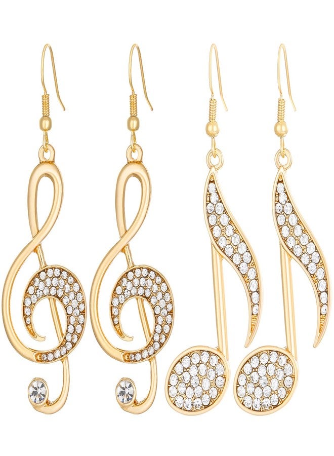Kawailay 2 Pairs Music Note Earrings Rhinestone Music Note Dangle Earrings Treble Clef Drop Earrings for Women - Gold - Image 1